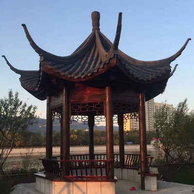 原木色金麦黄古建四角凉亭进口木材 菠萝格硬木景观木亭子湘潭安装